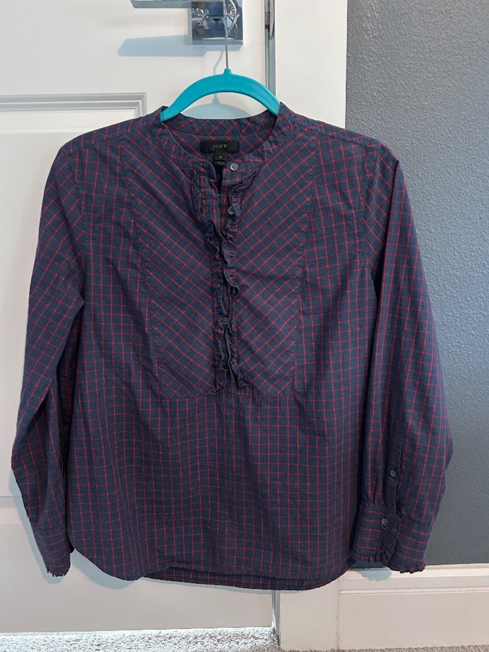 J. Crew Navy Blue & Red Mini Windowpane Plaid Ruffle Front Popover Shirt, Sz 10